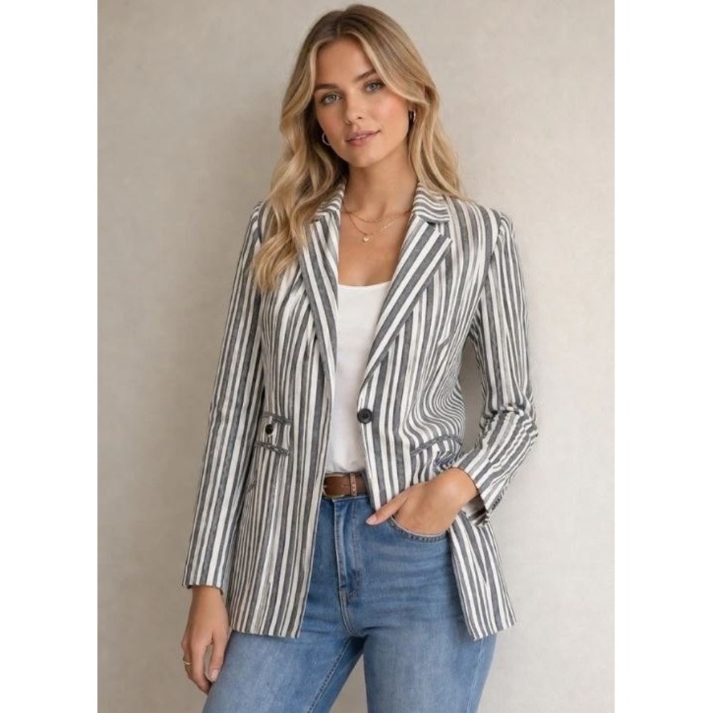 Veronica Beard 10 Blazer Jacket White Black Stripe Single Breasted Career Office